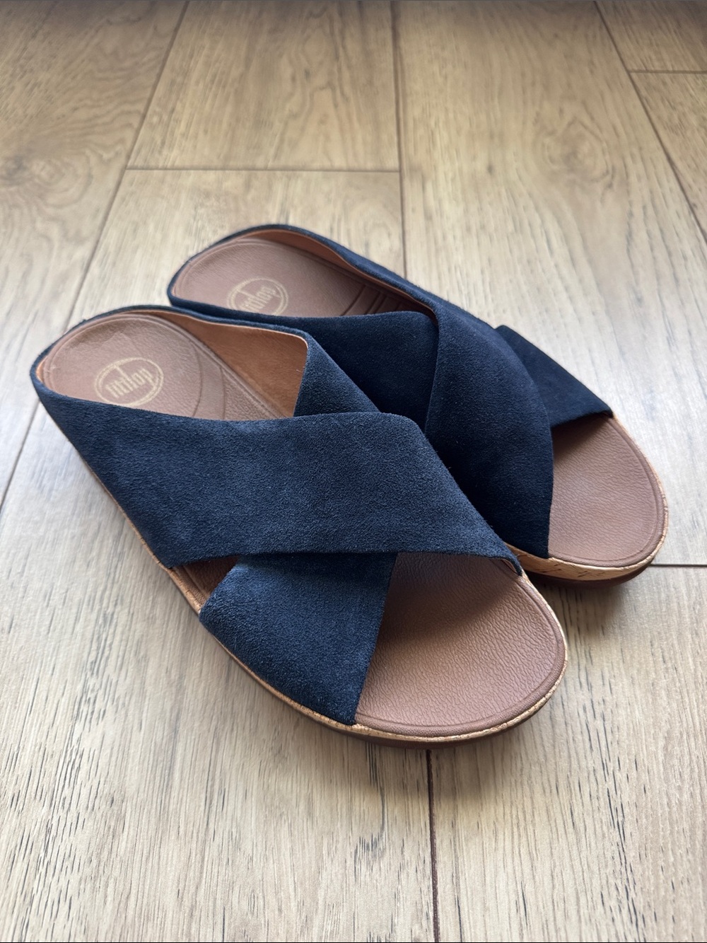 FitFlop Lulu Cross Slide Sandals Women’s US 10 EU 42 Navy Blue Suede Cork Wedge